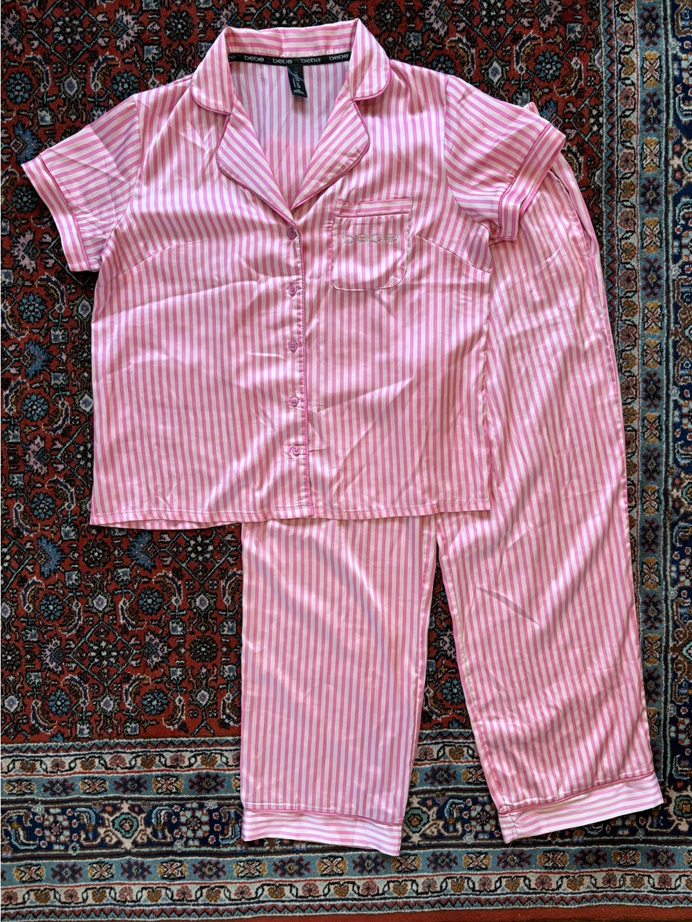 BEBE Y2K 00s Style Satin Pink Striped Pajama Set Rhinestone Logo